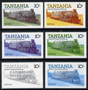 Tanzania 1985 Locomotive 3107 10s value (SG 431) unmounted mint perf set of 6 progressive colour proofs each with 'Caribbean Royal Visit 1985' opt in silver*