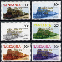 Tanzania 1985 Locomotive 3129 30s value (SG 433) unmounted mint perf set of 6 progressive colour proofs each with 'Caribbean Royal Visit 1985' opt in gold*