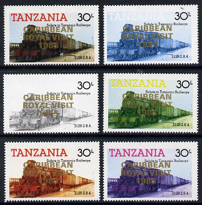 Tanzania 1985 Locomotive 3129 30s value (SG 433) unmounted mint perf set of 6 progressive colour proofs each with 'Caribbean Royal Visit 1985' opt in gold*