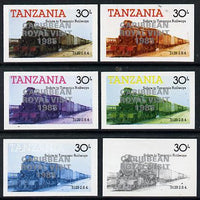 Tanzania 1985 Locomotive 3129 30s value (SG 433) unmounted mint imperf set of 6 progressive colour proofs each with 'Caribbean Royal Visit 1985' opt in silver*