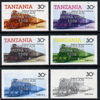 Tanzania 1985 Locomotive 3129 30s value (SG 433) unmounted mint perf set of 6 progressive colour proofs each with 'Caribbean Royal Visit 1985' opt in silver*
