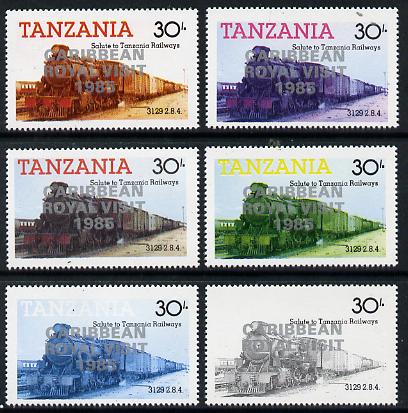 Tanzania 1985 Locomotive 3129 30s value (SG 433) unmounted mint perf set of 6 progressive colour proofs each with 'Caribbean Royal Visit 1985' opt in silver*