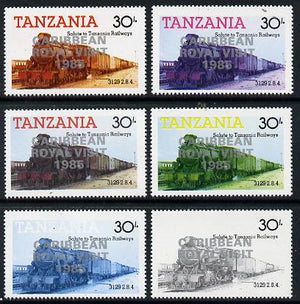 Tanzania 1985 Locomotive 3129 30s value (SG 433) unmounted mint perf set of 6 progressive colour proofs each with 'Caribbean Royal Visit 1985' opt in silver*