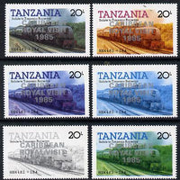 Tanzania 1985 Locomotive 6004 20s value (SG 432) unmounted mint perf set of 6 progressive colour proofs each with 'Caribbean Royal Visit 1985' opt in silver*