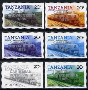 Tanzania 1985 Locomotive 6004 20s value (SG 432) unmounted mint perf set of 6 progressive colour proofs each with 'Caribbean Royal Visit 1985' opt in silver*