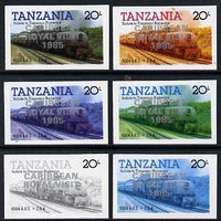 Tanzania 1985 Locomotive 6004 20s value (SG 432) unmounted mint imperf set of 6 progressive colour proofs each with 'Caribbean Royal Visit 1985' opt in silver*