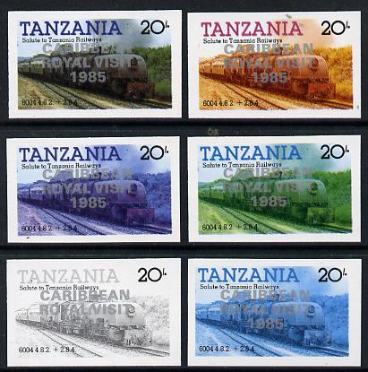 Tanzania 1985 Locomotive 6004 20s value (SG 432) unmounted mint imperf set of 6 progressive colour proofs each with 'Caribbean Royal Visit 1985' opt in silver*