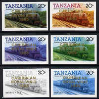 Tanzania 1985 Locomotive 6004 20s value (SG 432) unmounted mint imperf set of 6 progressive colour proofs each with 'Caribbean Royal Visit 1985' opt in gold*