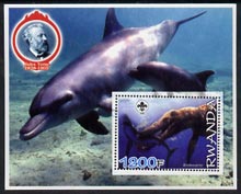 Rwanda 2005 Dinosaurs perf m/sheet #03 with Scout Logo, background shows Dolphins & Jules Verne unmounted mint
