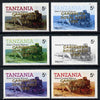 Tanzania 1985 Locomotive 3022 5s value (SG 430) unmounted mint perf set of 6 progressive colour proofs each with 'Caribbean Royal Visit 1985' opt in gold*