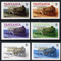 Tanzania 1985 Locomotive 3022 5s value (SG 430) unmounted mint imperf set of 6 progressive colour proofs each with 'Caribbean Royal Visit 1985' opt in gold*