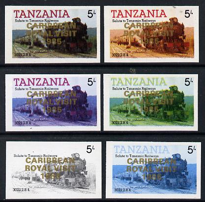 Tanzania 1985 Locomotive 3022 5s value (SG 430) unmounted mint imperf set of 6 progressive colour proofs each with 'Caribbean Royal Visit 1985' opt in gold*