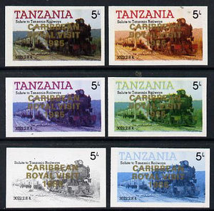 Tanzania 1985 Locomotive 3022 5s value (SG 430) unmounted mint imperf set of 6 progressive colour proofs each with 'Caribbean Royal Visit 1985' opt in gold*