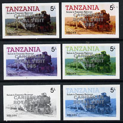 Tanzania 1985 Locomotive 3022 5s value (SG 430) unmounted mint imperf set of 6 progressive colour proofs each with 'Caribbean Royal Visit 1985' opt in silver*