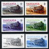 Tanzania 1985 Locomotive 3022 5s value (SG 430) unmounted mint perf set of 6 progressive colour proofs each with 'Caribbean Royal Visit 1985' opt in silver*