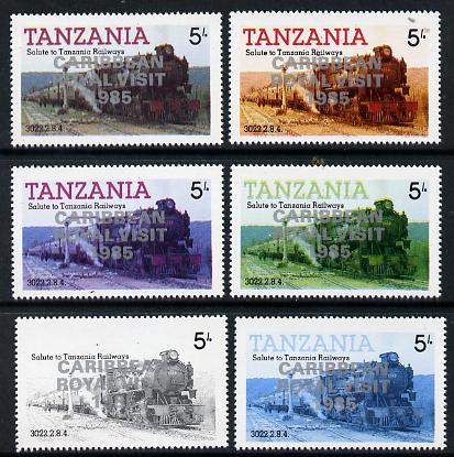 Tanzania 1985 Locomotive 3022 5s value (SG 430) unmounted mint perf set of 6 progressive colour proofs each with 'Caribbean Royal Visit 1985' opt in silver*