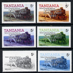 Tanzania 1985 Locomotive 3022 5s value (SG 430) unmounted mint perf set of 6 progressive colour proofs each with 'Caribbean Royal Visit 1985' opt in silver*
