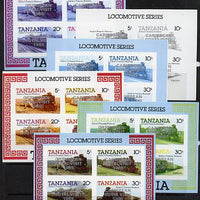 Tanzania 1985 Locomotives m/sheet (as SG MS 434) unmounted mint imperf set of 6 progressive colour proofs each with 'Caribbean Royal Visit 1985' opt in silver