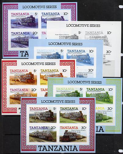 Tanzania 1985 Locomotives m/sheet (as SG MS 434) unmounted mint imperf set of 6 progressive colour proofs each with 'Caribbean Royal Visit 1985' opt in silver
