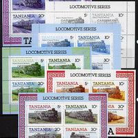 Tanzania 1985 Locomotives m/sheet (as SG MS 434) unmounted mint perf set of 6 progressive colour proofs each with 'Caribbean Royal Visit 1985' opt in silver
