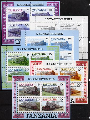 Tanzania 1985 Locomotives m/sheet (as SG MS 434) unmounted mint perf set of 6 progressive colour proofs each with 'Caribbean Royal Visit 1985' opt in silver