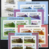 Tanzania 1985 Locomotives m/sheet (as SG MS 434) unmounted mint imperf set of 6 progressive colour proofs each with 'Caribbean Royal Visit 1985' opt in gold