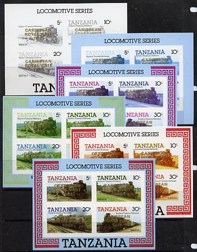Tanzania 1985 Locomotives m/sheet (as SG MS 434) unmounted mint imperf set of 6 progressive colour proofs each with 'Caribbean Royal Visit 1985' opt in gold