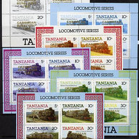 Tanzania 1985 Locomotives m/sheet (as SG MS 434) unmounted mint perf set of 6 progressive colour proofs each with 'Caribbean Royal Visit 1985' opt in gold