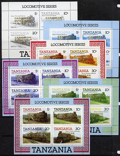 Tanzania 1985 Locomotives m/sheet (as SG MS 434) unmounted mint perf set of 6 progressive colour proofs each with 'Caribbean Royal Visit 1985' opt in gold