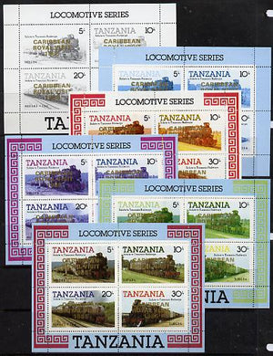 Tanzania 1985 Locomotives m/sheet (as SG MS 434) unmounted mint perf set of 6 progressive colour proofs each with 'Caribbean Royal Visit 1985' opt in gold