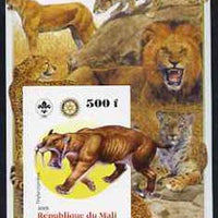 Mali 2005 Dinosaurs #02 - Thylacosmilus (Sabre Toothed Tiger) imperf m/sheet with Scout & Rotary Logos, background shows various Big Cats unmounted mint