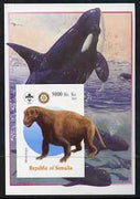 Somalia 2005 Dinosaurs #04 - Moschops imperf m/sheet with Scout & Rotary Logos, background shows Whales unmounted mint