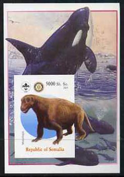Somalia 2005 Dinosaurs #04 - Moschops imperf m/sheet with Scout & Rotary Logos, background shows Whales unmounted mint