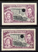 Southern Rhodesia 1937 KG6 Coronation 6d perf & imperf proof in issued colours each with security punch hole, as SG 39