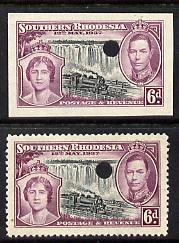 Southern Rhodesia 1937 KG6 Coronation 6d perf & imperf proof in issued colours each with security punch hole, as SG 39