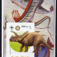 Somalia 2005 Dinosaurs #08 - Arrhinoceratops imperf m/sheet with Scout & Rotary Logos, background shows various Fish unmounted mint