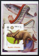 Somalia 2005 Dinosaurs #08 - Arrhinoceratops imperf m/sheet with Scout & Rotary Logos, background shows various Fish unmounted mint