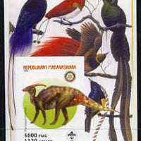 Madagascar 2005 Dinosaurs #01 - Parasaurolophus imperf m/sheet with Scout & Rotary Logos, background shows Birds of Paradise unmounted mint