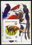 Madagascar 2005 Dinosaurs #01 - Parasaurolophus imperf m/sheet with Scout & Rotary Logos, background shows Birds of Paradise unmounted mint