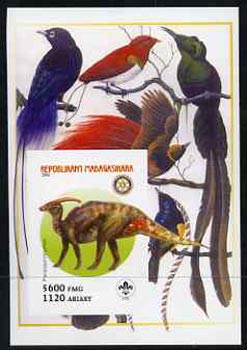 Madagascar 2005 Dinosaurs #01 - Parasaurolophus imperf m/sheet with Scout & Rotary Logos, background shows Birds of Paradise unmounted mint