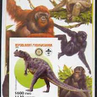 Madagascar 2005 Dinosaurs #03 - Ceratosaurus imperf m/sheet with Scout & Rotary Logos, background shows various Apes unmounted mint