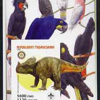Madagascar 2005 Dinosaurs #04 - Montanoceratops imperf m/sheet with Scout & Rotary Logos, background shows various Cockatoos unmounted mint
