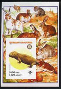 Madagascar 2005 Dinosaurs #07 - Dicynodon imperf m/sheet with Scout & Rotary Logos, background shows various Rabbits unmounted mint