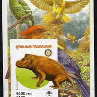 Madagascar 2005 Dinosaurs #09 - Kannemeyeria imperf m/sheet with Scout & Rotary Logos, background shows various Birds unmounted mint
