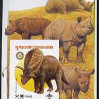 Madagascar 2005 Dinosaurs #11 - Pentaceratops imperf m/sheet with Scout & Rotary Logos, background shows Rhinos unmounted mint