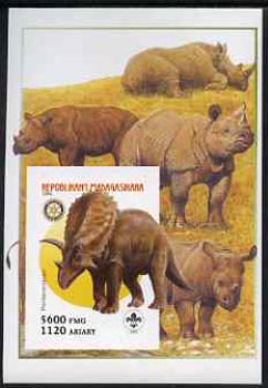 Madagascar 2005 Dinosaurs #11 - Pentaceratops imperf m/sheet with Scout & Rotary Logos, background shows Rhinos unmounted mint