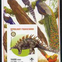 Madagascar 2005 Dinosaurs #12 - Kentrosaurus imperf m/sheet with Scout & Rotary Logos, background shows Birds of Paradise unmounted mint