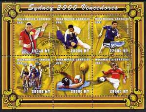 Mozambique 2001 Sydney Olympics perf sheetlet #3 containing 6 values fine cto used (Tennis, Judo, Table Tennis, Cycling, Water Polo & Football)