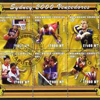 Mozambique 2001 Sydney Olympics perf sheetlet #5 containing 6 values fine cto used (Tennis, Basketball, Rings, Volleyball & Table Tennis) Mi1906-11