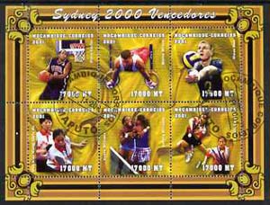 Mozambique 2001 Sydney Olympics perf sheetlet #5 containing 6 values fine cto used (Tennis, Basketball, Rings, Volleyball & Table Tennis) Mi1906-11